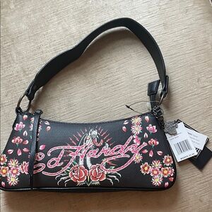Ed Hardy Black and Pink Floral Shoulder, crossbody Bag